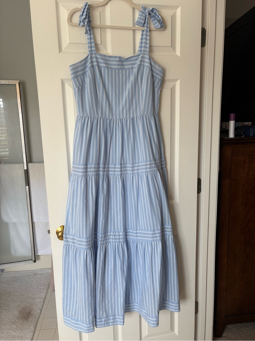 ANTONIO MELANI Light Blue and White Striped Tie-Shoulder Kids Dress